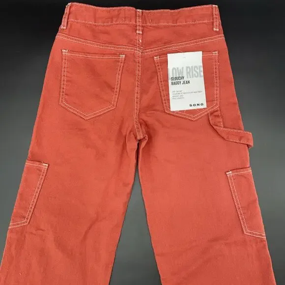 NWT S.O.N.G. Womens 0/24 Orange Cargo Carpenter Low Rise Jeans Y2K Slouchy Baggy - Picture 5 of 9